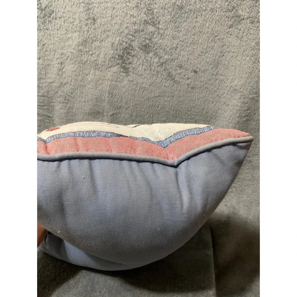 Vtg Garden Tapestry Throw Pillow Birdhouse Sun Hat Floral Accent Blue Cottage